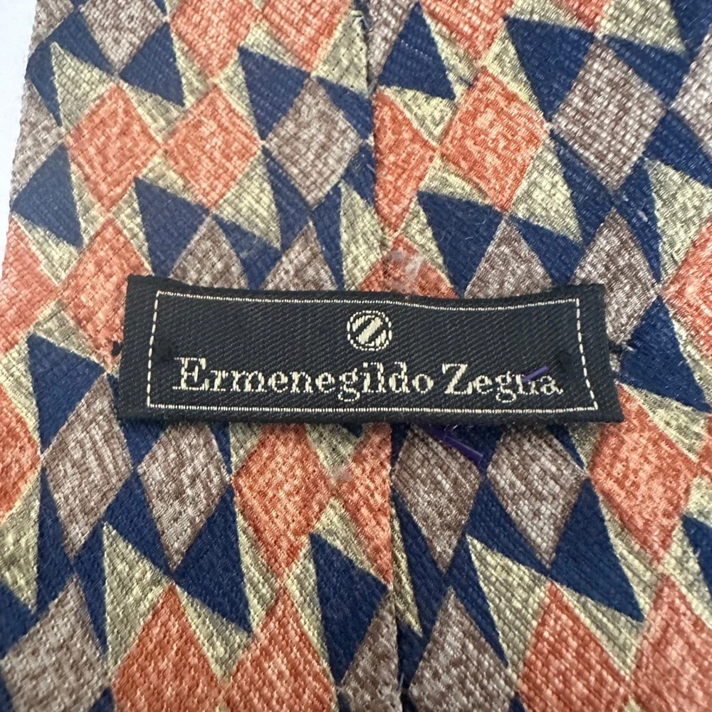 VTG Ermenegildo Zegna Silk Tie OS Orange Geometric Diamond Harlequin Made Italy‎